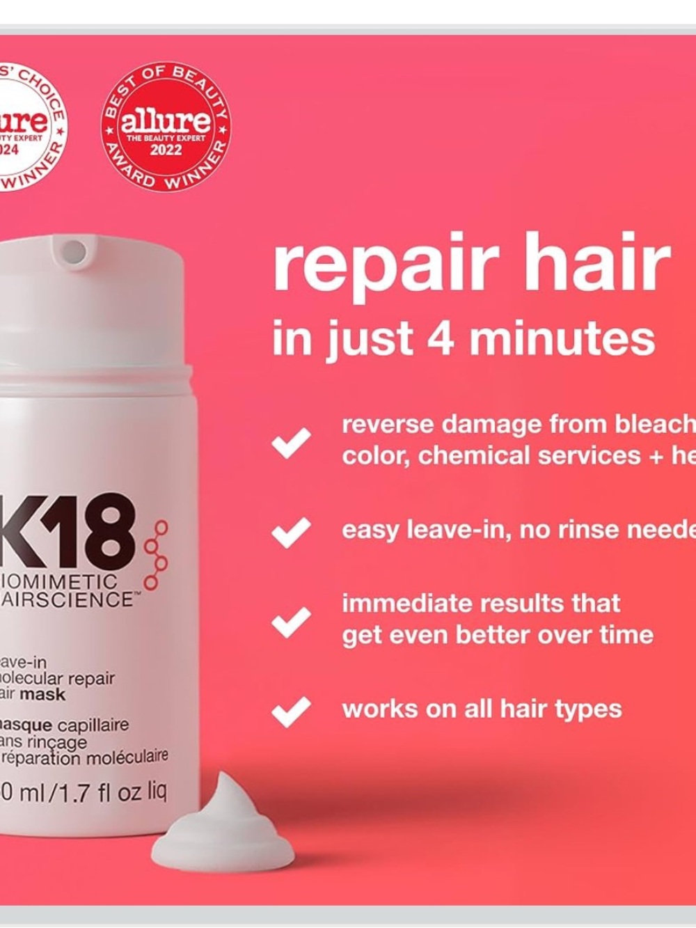 Leave-In Molecular Repair Hair Mask, Patented, Lasting Repair For Dry Hair - Picture 3 of 10